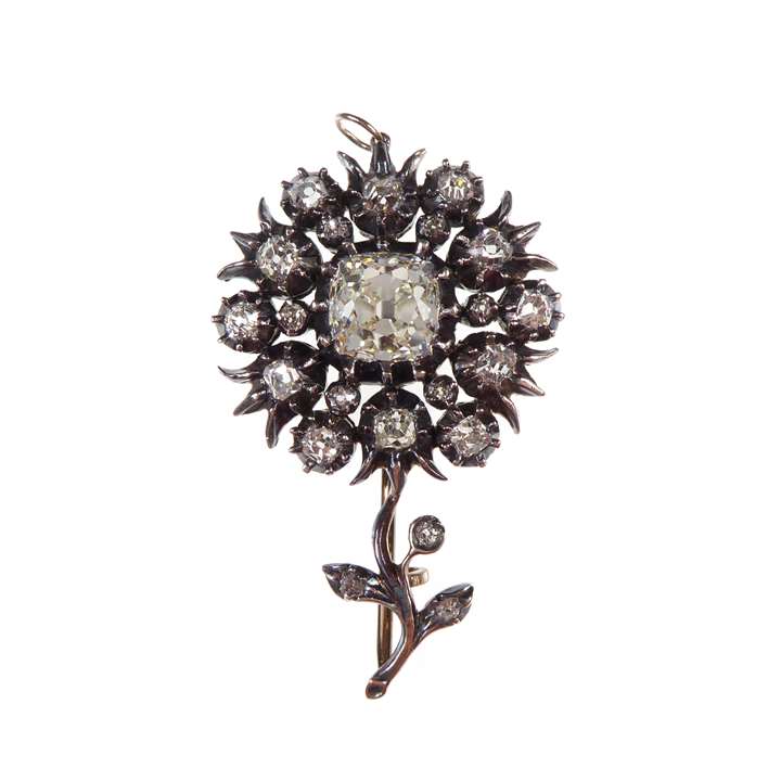 Cushion cut diamond cluster flower pendant-brooch